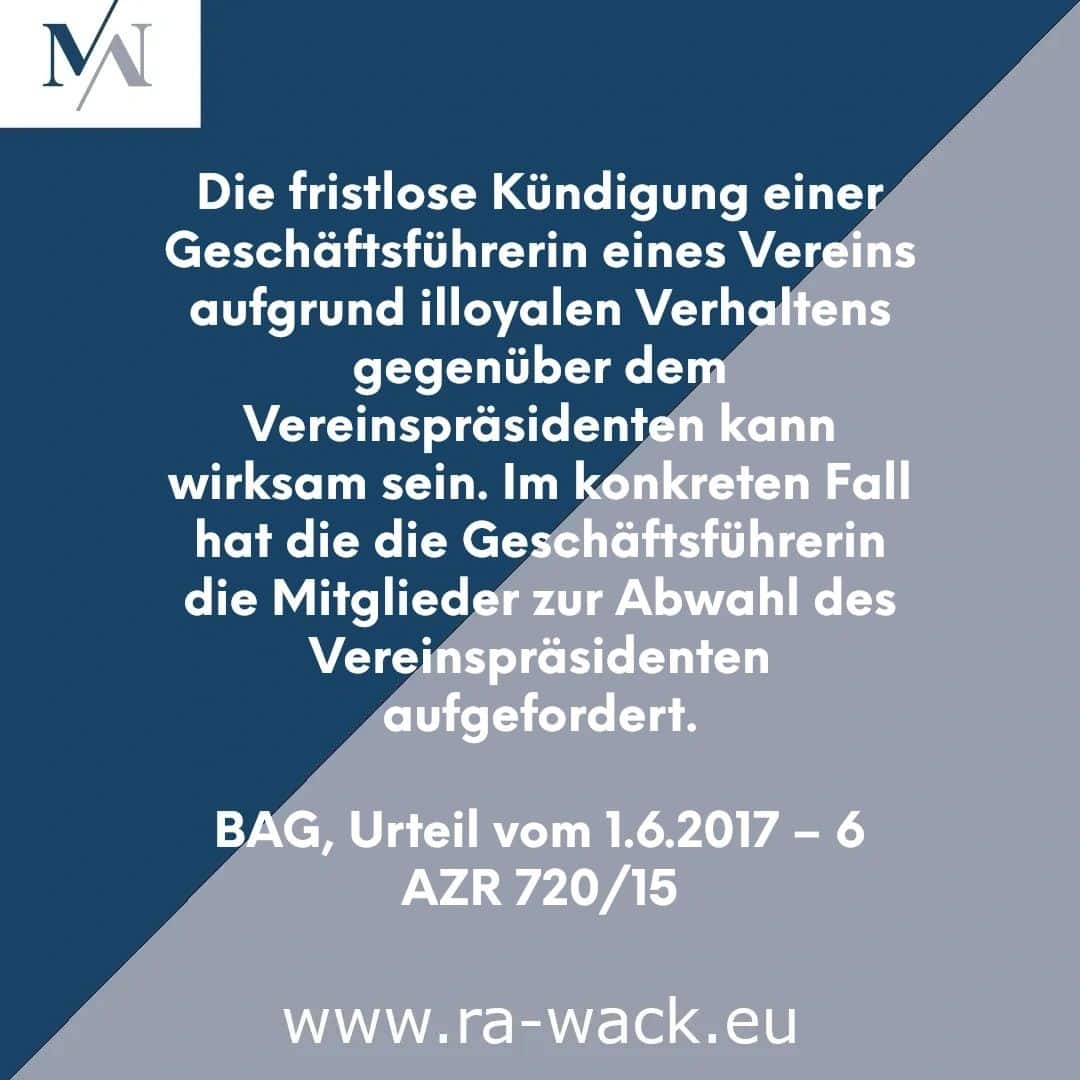 Fristlose Kündigung der Geschäftsführerin eines Vereins