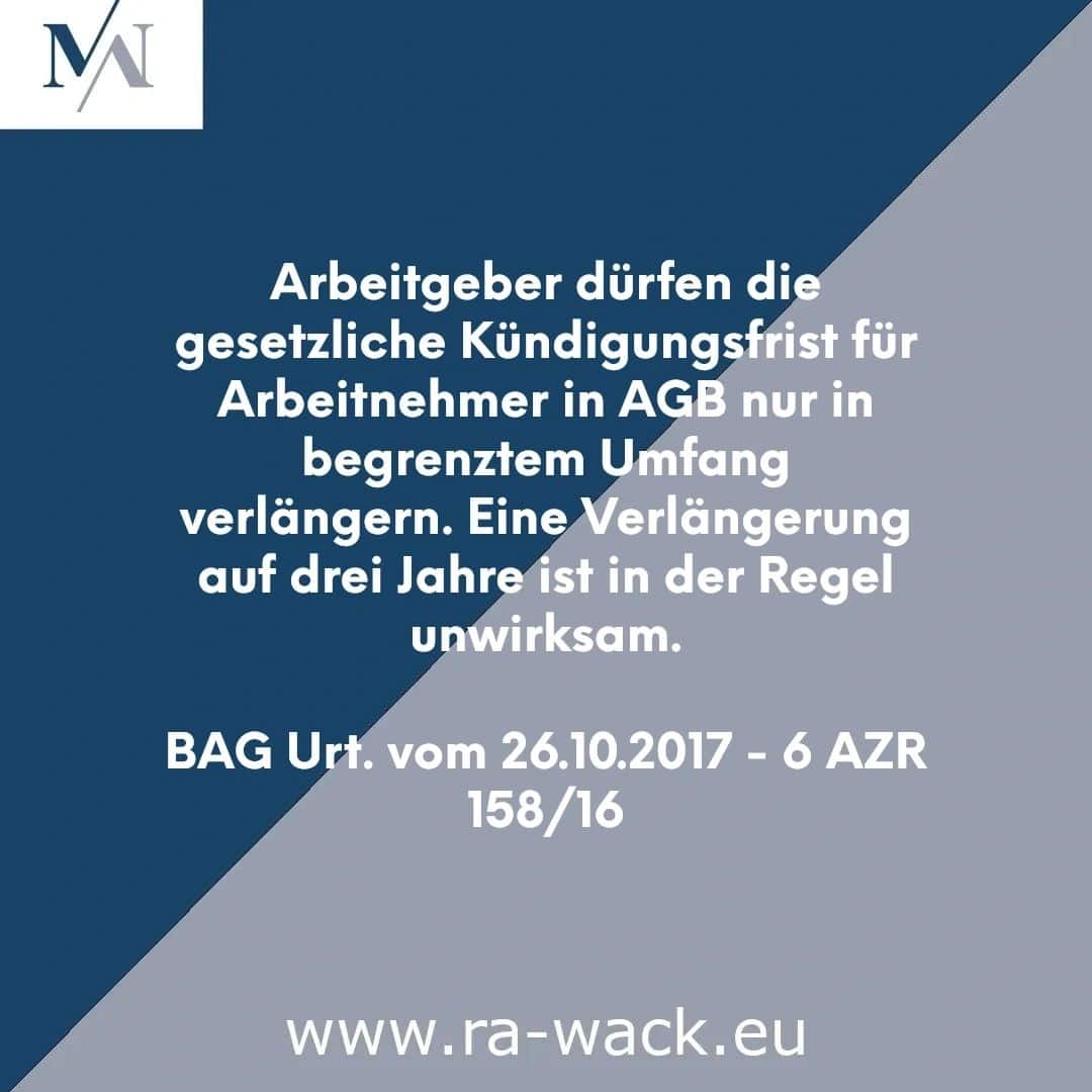 Das Bild zeigt einen geometrischen Hintergrund in Blau und Grau mit einem Text in deutscher Sprache zu Kündigungsbestimmungen. Es enthält ein Firmenlogo mit „MN“ in der oberen linken Ecke und eine Website-URL „www.ra-wack.eu“ unten. Der Text, der auf ein Urteil vom 26.10.2017 verweist, bezieht sich auf Rechtsanwaltsdienstleistungen.